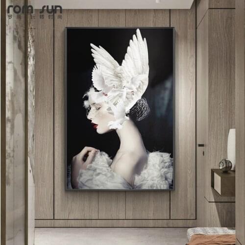 Elengent Girls with Pure White Wings Headwear Wall Art Painting Modern Wall Pictures for Living Room Canvas Painting Home Doce