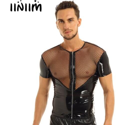 Iiniim Mens Wetlook Punk Clubwear Patent Leather Fishnet Splice Short Sleeve Shirt Tops Clubwear Stage Night Costumes T-shirt