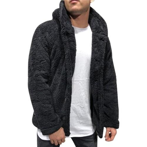 Plus Size 3XL Winter Men Jackets Cardigans Fashion Hooded Button Long Sleeves Overcoat Plush Pockets Solid Male Outwear