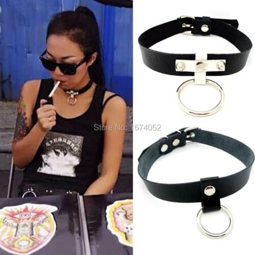 Sexy Punk Rock Gothic Cross Leather Choker, Handmade O Round Black White Stud Rivet Collar Necklace