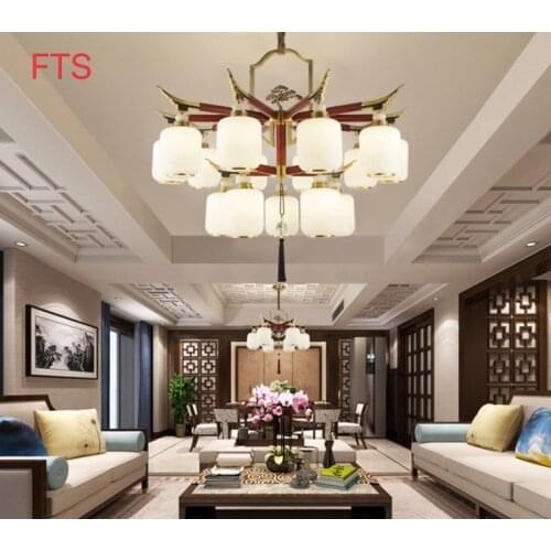 New Chinese style copper chandelier simple dining room bedroom Chinese style mahogany solid wood living room chandelier