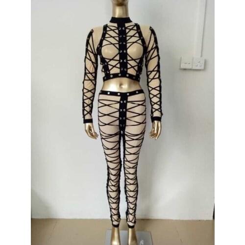 New Fashion Women Sets Nude Mesh Black Straped Short Top Long Pants Bandage Sets