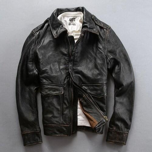 AVFLY 2020 New Men Vintage Black Motorcycle Leather Jacket Fashion first layer Cow Leather Lapel Riding Biker Russia Winter Coat