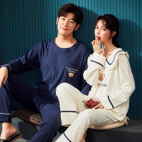 New Fashion Breathable Lovers 100% Cotton Crepe Pajamas Sets Women Men Autumn Long Sleeve Fresh Soft Pijama Mujer Casual Pyjamas