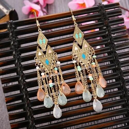Newest Boho Beads Long Pendant Earrings For Women Ethnic Style Vintage Alloy Carving Hanging Earrings Indian Jewelry Wholesale