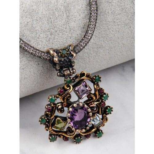 Amethyst - Topaz - Zebercet - Ametrin - Ruby - Emerald Special Workmanship 925 Sterling Authentic Silver Necklace