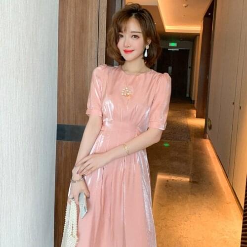 Awarose Fashion Shining Solid Color High Waist A-Line Dress Women Summer Chic Short Sleeve Round Neck Party Dresses Female 2021