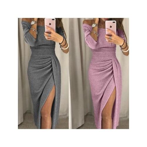 Glitter Dresses 2019 Women Elegant Party Dress Female Shiny Slash Neck Ruched Thigh Slit Sexy Club Wrist Sleeve Dress Vestidos