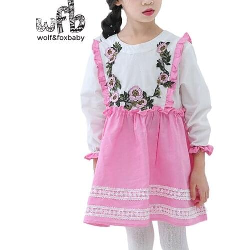 Retail 3-10 years childrens girl long-sleeved cotton pastoral wind embroidery lace dress spring fall autumn