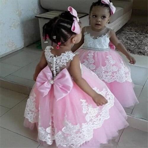 Pink Lace Flower Girls Dresses Pageant Ball Gowns With Train First Communion Dresses For Weddings Vestidos deminha