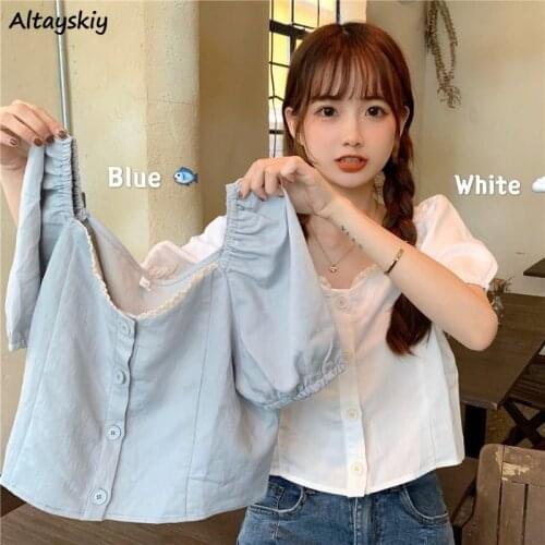 Solid Shirts Women Puff Sleeve Korean Style Chic Trendy Popular Elegant Slim Fashion Ulzzang Summer Leisure All-match College