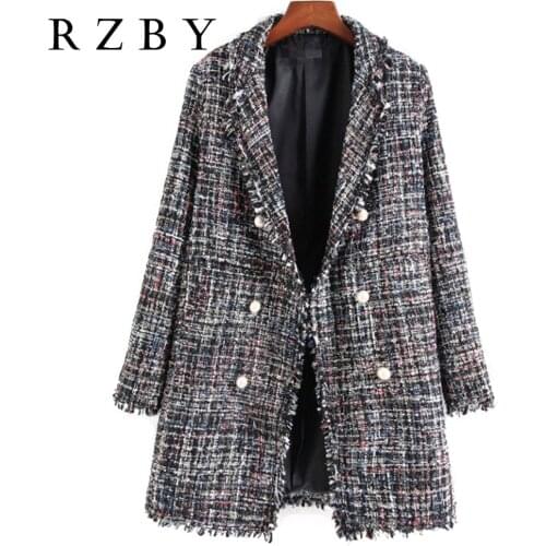 RZBY Autumn New Ladies High-Quality Casual Retro Pearl Double-Breasted Lapel Wool Blend Oversized Plaid Jacket Trench Coat