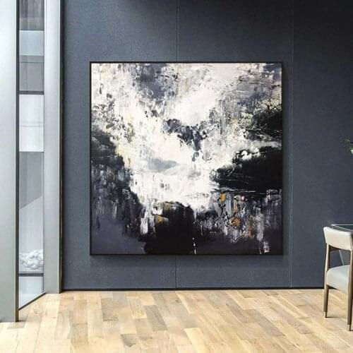 Modern Hand Painted Abstract Living Room Decorative Painting Black And White Ink Square Hanging Painting Entrance Restaurant