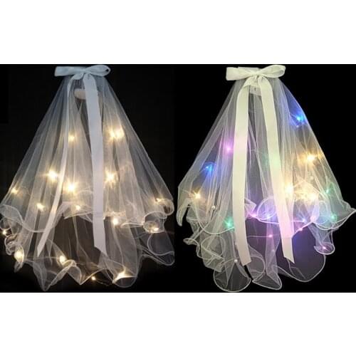 Light Up Lace Veil Glowing Head Covering Pearl Beaded with Comb Hairclip Birthday Party Headwear White 10pcs/lot