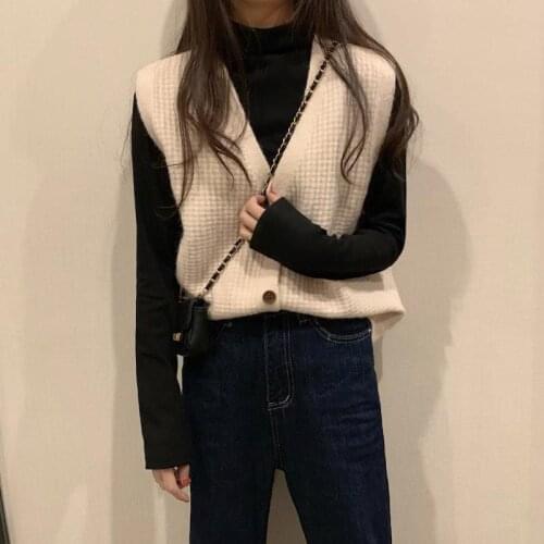 Sweater Vest Women 2020 Fall Winter Korean Style Vintage Single Breasted V Neck Sleeveless Cardigan Short Knitted Waistcoat T547