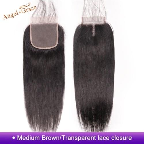 ANGEL GRACE Hair Brazilian Straight Hair Closure 4x4 Middle Part Medium Brown/ Transparent Lace Closure Remy Human Hair Closure
