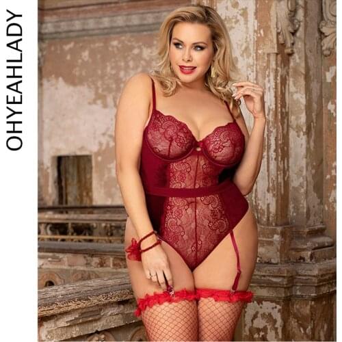 Ohyeahlady Cross Back Lace And Velour Bodysuit Backless Women Jumpers And Rompers Plus Size 5XL Summer Leotard Top RJ80949