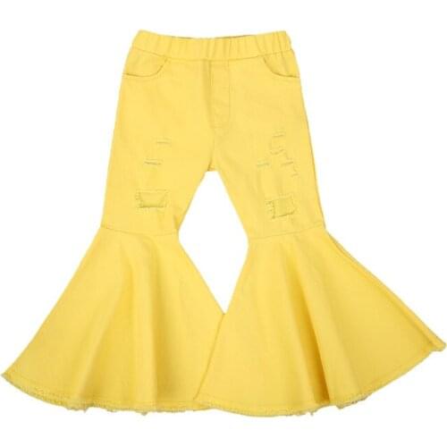 2-7Y Kids Girl Fashion Trousers Jeans Elastic High Waist Solid Ripped Hole Flare Pants Denim Bell Bottoms Fall Clothes Yellow