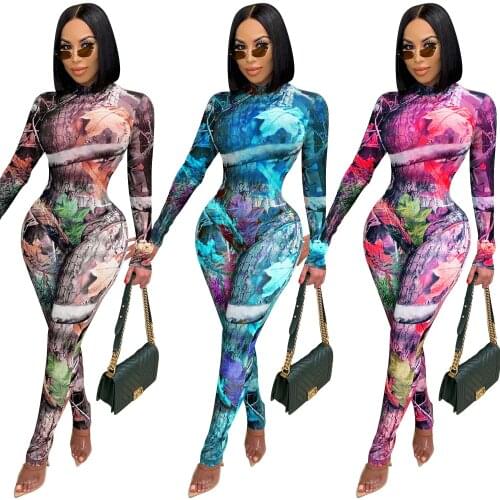 Sexy Lady Print 2 Two Piece Set Autumn New Long Sleeve Women Set Outfits Turtleneck Bodysuit Top Long Pencil Pants Set Tracksuit