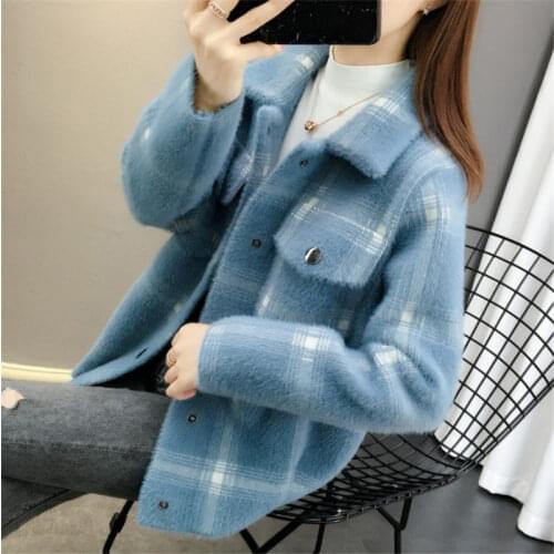 Womens Imitation Mink Short Coat 2020 Spring Autumn Korean Loose Plaid Sweater Cardigan Female Casual Single-breasted Top f2694