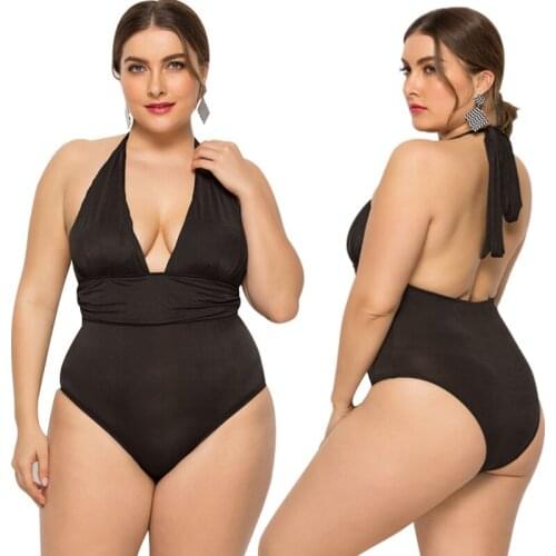 Plus Size Black Deep V-neck Halter One-Piece Swimsuit Sexy Backless Women Monokini 2021 Beach Bathing Suits Swimwear