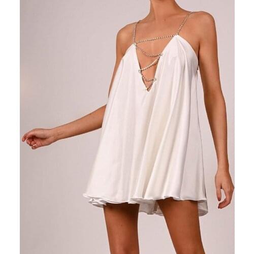 Women Holiday Clothes Club Party Clothes Summer Dress Diamonds Strap Chain Double Layers Satin Mini Dresses