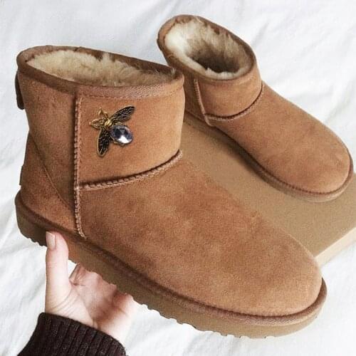 Winter Women Cowhide Suede Leather Snow Ankle Boots Warm Plush Soft Bottom Ladies Short Boots Waterproof Non-Slip Cozy Shoes