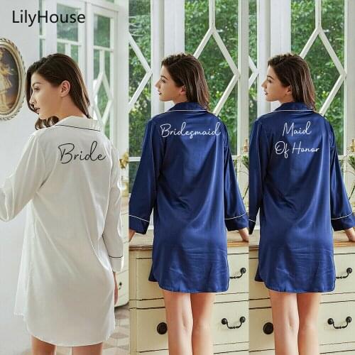 Satin Silk Long Sleeve Long Shirt Dress Bridesmaid Spring Autumn Casual Buttons Loose Dresses Night Shirt Sleep Shirt Pajamas