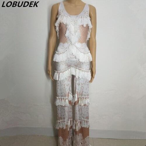 White Tassels Jumpsuit Fashion strap flare trousers Bar female costume Nightclub leading dance stage outfits sexy DJ show romper