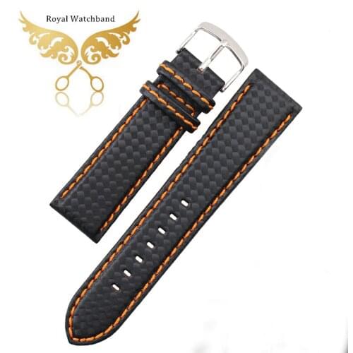 18mm 20mm 22mm 24mm Black Watch Band Carbon Fibre Watch Strap Orange Stitching with Leather Lining Silver Stainless Steel Clasp