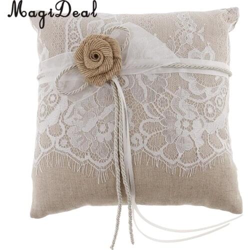 MagiDeal Vintage Burlap Lace Ring Pillow Cushion Ring Bearer Wedding Party Supplies