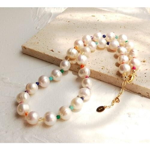Lii Ji 10-11mm White Freshwater Pearl Rainbow Stone 14K Gold Filled Necklace 40+5CM Fashion Jewelry