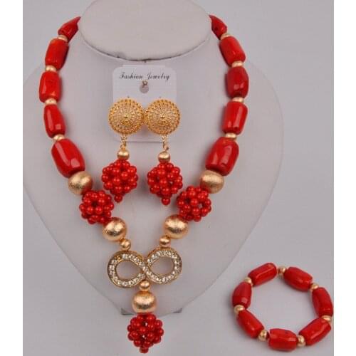 Latest Red Nigerian Wedding Coral Beads African Coral Necklace Jewelry Set 12-E-02