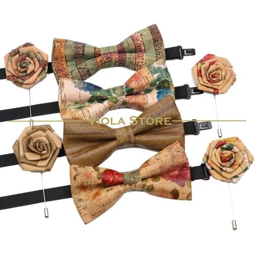 Luxury Vintage Floral Gold Pink Color Shiny Solid Cork Wood Bowtie Brooch Set Men Wedding Party Birthday Pin Butterfly Accessory