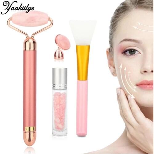 Pink Electric Facial Jade Roller Set Vibrating Face Massager Roller Facial Lifting Skin Tightening Anti-wrinkle Face Care Tool