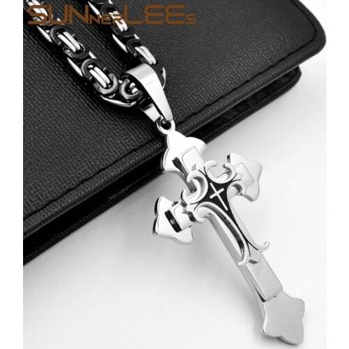 SUNNERLEES 316L Stainless Steel Jesus Christ Cross Pendant Necklace Byzantine Link Chain Black Silver Color Men Boy Gift SP245