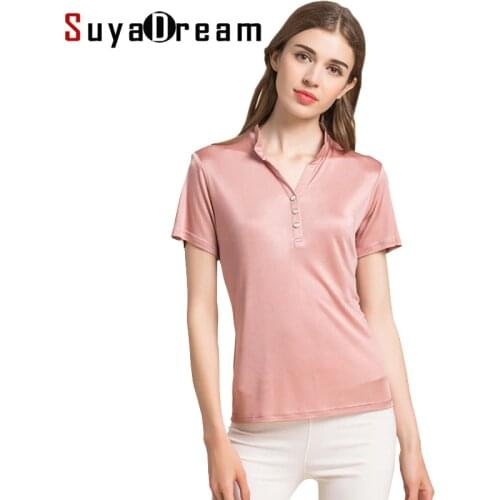 SuyaDream Women T shirt 100% Natural silk Polo shirt Short stand neck Bottoming Top 2020 FALL new white black Plus size