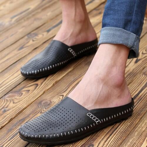 Genuine Leather Mens Slippers Non-slip Men Casual Summer Shoes Fashion Half Drag Shoes For Men Breathable Light Male Loafers