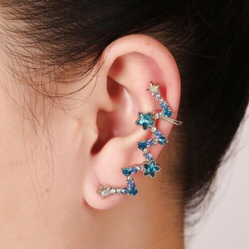 Bohemian Women Party Gift Ear Cuff Full Rhinestone Filled Blue Crystal Star Earcuff Gold Silver Plated Clip Earrings