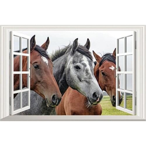 Horse head 3d fake window stickers grassland scenery wall art vinyl mural home office decoration animal poster wallpaper 60*40cm