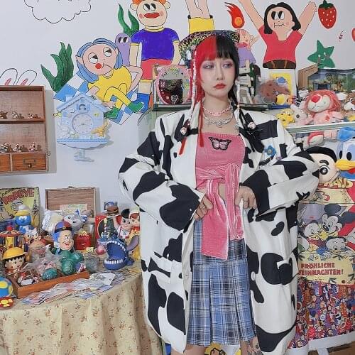 Japanese and Korean Cow Print Street cool girl loose suit Lapel autumn winter versatile long sleeve coat coats