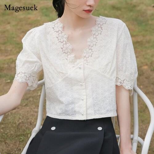 Summer Short Sleeve Women Tops 2021 Korean Style Hollow Floral Short Blouse Lace Stitching V-neck Puff Mujer Sweet Shirt 14933