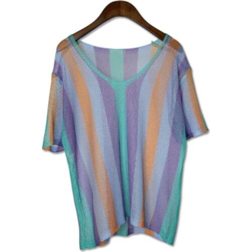 Womens Summer All-match short Sleeve Silm Cutting Pullover Perforated Blue Stripes loose Knitwear