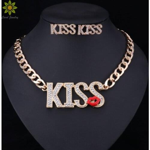 Gold Color Letter Pendants Necklace For Women Cute Red Kiss Lips Silver Color Necklace Sets Fashion Jewelry Sets