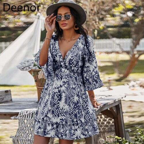 Deenor Boho Floral Print Dress Vintage V Neck Short Sleeve Mini Dress Summer Dresses for Women 2021 Sexy Party Pink Sundress
