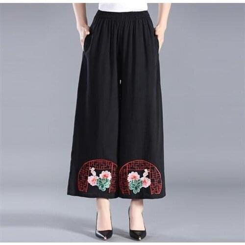 2021 Print Floral Embroidered Long Pants Spring Summer Folk-custom Mid-aged Women Wide Leg Pant Skirt Plus Size Trousers Y963