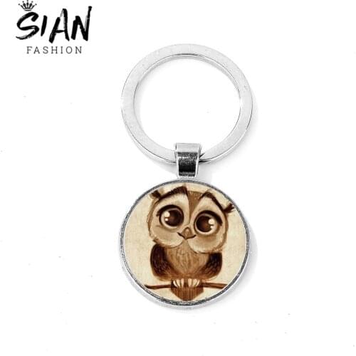 SIAN Cute Little Owl Keychain Cartoon Printed Glass Dome Key Ring Bag Charm Pendant Car Key Chain Gift for Women Kids Wholesale