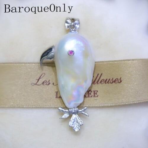 BaroqueOnly Baroque style natural freshwater Pearl bird Pendant Necklace 925 Sterling Silver Pendant Pearl Jewelry For Women