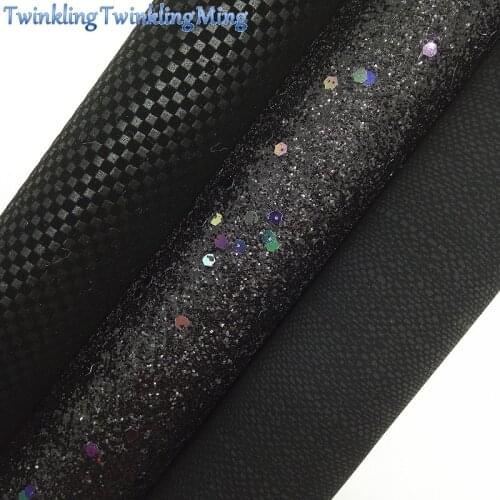 BLACK Glitter Fabric, Check Plaids Faux Fabric, Denim Synthetic Leather Fabric Sheets For Bow A4 21x29CM Twinkling Ming XM731
