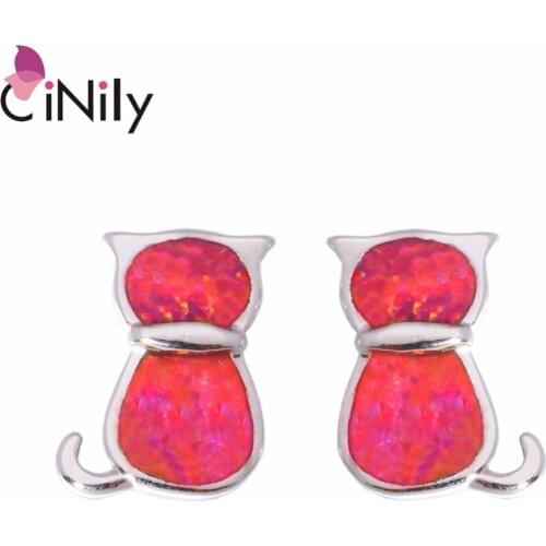 CiNily Created Red Fire Opal Silver Plated Wholesale Lovely Cute Cat for Women Jewelry Stud Earrings 11mm OH3000
